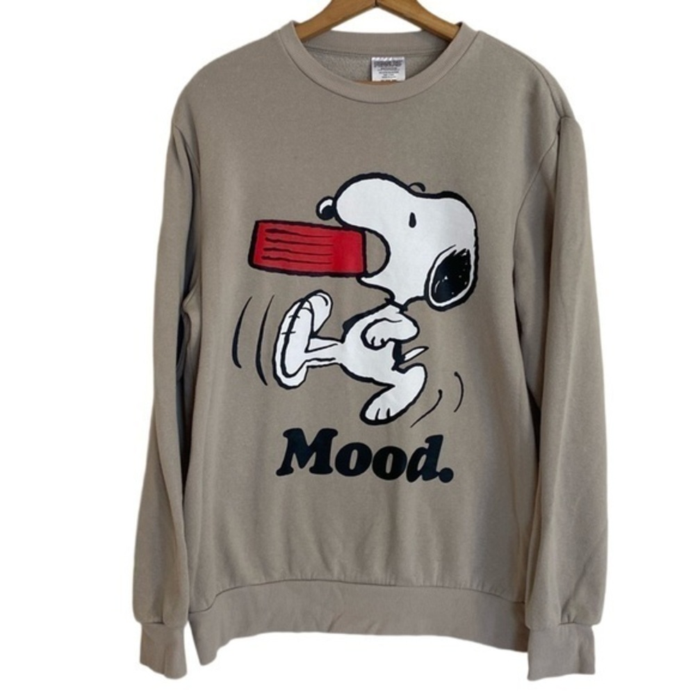 Snoopy Peanuts Mood Hungry Dance Graphic Crew Neck Sweatshirt Medium Beige